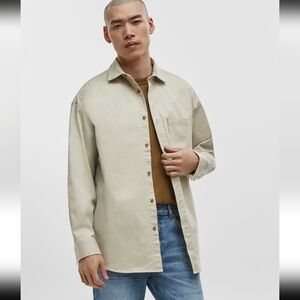 Mode of One Men’s Relaxed-Fit Button-Down Twill Shirt Size L Dark Ecru